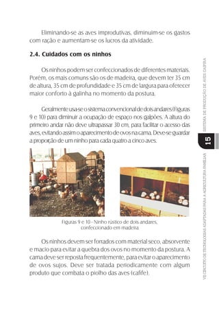 VIICIRCUITODETECNOLOGIASADAPTADASPARAAAGRICULTURAFAMILIARSISTEMADEPRODUÇÃODEAVESCAIPIRA
15
Eliminando-se as aves improdutivas, diminuim-se os gastos
com ração e aumentam-se os lucros da atividade.
2.4. Cuidados com os ninhos
Os ninhos podem ser confeccionados de diferentes materiais.
Porém, os mais comuns são os de madeira, que devem ter 35 cm
de altura, 35 cm de profundidade e 35 cm de largura para oferecer
maior conforto à galinha no momento da postura.
Geralmenteusa-seosistemaconvencionaldedoisandares(Figuras
9 e 10) para diminuir a ocupação de espaço nos galpões. A altura do
primeiro andar não deve ultrapassar 30 cm, para facilitar o acesso das
aves,evitandoassimoaparecimentodeovosnacama.Deve-seguardar
a proporção de um ninho para cada quatro a cinco aves.
Figuras 9 e 10 - Ninho rústico de dois andares,
confeccionado em madeira
Os ninhos devem ser forrados com material seco, absorvente
e macio para evitar a quebra dos ovos no momento da postura. A
camadeveserrepostafrequentemente,paraevitaroaparecimento
de ovos sujos. Deve ser tratada periodicamente com algum
produto que combata o piolho das aves (caﬁfe).
 