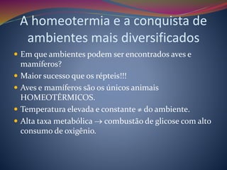 A homeotermia e a conquista de
ambientes mais diversificados
 Em que ambientes podem ser encontrados aves e
mamíferos?
 Maior sucesso que os répteis!!!
 Aves e mamíferos são os únicos animais
HOMEOTÉRMICOS.
 Temperatura elevada e constante ≠ do ambiente.
 Alta taxa metabólica  combustão de glicose com alto
consumo de oxigênio.
 
