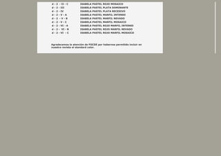d - 2 - II - C ISABELA PASTEL ROJO MOSAICO
d - 2 - III ISABELA PASTEL PLATA DOMINANTE
d - 2 - IV ISABELA PASTEL PLATA RECESIVO
d - 2 - V - A ISABELA PASTEL MARFIL INTENSO
d - 2 - V - B ISABELA PASTEL MARFIL NEVADO
d - 2 - V - C ISABELA PASTEL MARFIL MOSAICO
d - 2 - VI - A ISABELA PASTEL ROJO MARFIL INTENSO
d - 2 - VI - B ISABELA PASTEL ROJO MARFIL NEVADO
d - 2 - VI - C ISABELA PASTEL ROJO MARFIL MOSAICO
Agradecemos la atención de FOCDE por habernos permitido incluir en
nuestra revista el standard color.
 