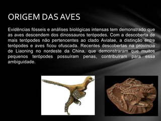 ORIGEM DAS AVES
Evidências fósseis e análises biológicas intensas tem demonstrado que
as aves descendem dos dinossauros terópodes. Com a descoberta de
mais terópodes não pertencentes ao clado Avialae, a distinção entre
terópodes e aves ficou ofuscada. Recentes descobertas na província
de Liaoning no nordeste da China, que demonstraram que muitos
pequenos terópodes possuíram penas, contribuíram para essa
ambiguidade.

 