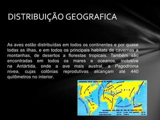 DISTRIBUIÇÃO GEOGRAFICA
As aves estão distribuídas em todos os continentes e por quase
todas as ilhas, e em todos os principais habitats de cavernas a
montanhas, de desertos a florestas tropicais. Também são
encontradas em todos os mares e oceanos, inclusive
na Antártida, onde a ave mais austral, a Pagodroma
nivea, cujas colônias reprodutivas alcançam até 440
quilômetros no interior.

 