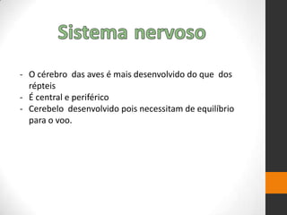 - O cérebro das aves é mais desenvolvido do que dos
répteis
- É central e periférico
- Cerebelo desenvolvido pois necessitam de equilíbrio
para o voo.
 