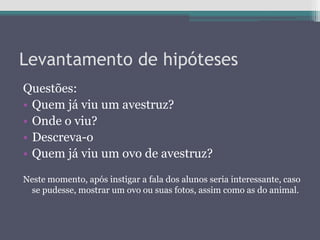Levantamento de hipóteses
Questões:
• Quem já viu um avestruz?
• Onde o viu?
• Descreva-o
• Quem já viu um ovo de avestruz?
Neste momento, após instigar a fala dos alunos seria interessante, caso
se pudesse, mostrar um ovo ou suas fotos, assim como as do animal.
 
