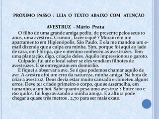 PRÓXIMO PASSO : LEIA O TEXTO ABAIXO COM ATENÇÃO
AVESTRUZ - Mário Prata
O filho de uma grande amiga pediu, de presente pelos seus 10
anos, uma avestruz. Cismou , fazer o quê ? Moram em um
apartamento em Higienópolis, São Paulo. E ela me mandou um e-
mail dizendo que a culpa era minha. Sim, porque foi aqui ao lado
de casa, em Floripa, que o menino conheceu as avestruzes. Tem
uma plantação, digo, criação deles. Aquilo impressionou o garoto.
Culpado, fui até o local saber se eles vendiam filhotes de
avestruzes. E se entregavam em domicílio.
E fiquei a observar a ave. Se é que podemos chamar aquilo de
ave. A avestruz foi um erro da natureza, minha amiga. Na hora de
criar a avestruz, Deus devia estar muito cansado e cometeu alguns
erros. Deve ter criado primeiro o corpo, que se assemelha, em
tamanho, a um boi. Sabe quanto pesa uma avestruz ? Entre 100 e
160 quilos, fui logo avisando a minha amiga. E a altura pode
chegar a quase três metros . 2,70 para ser mais exato.
 