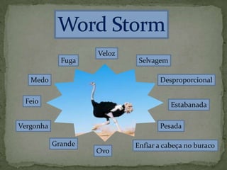 Veloz
Selvagem
Desproporcional
Estabanada
Pesada
Enfiar a cabeça no buraco
Ovo
Grande
Vergonha
Fuga
Medo
Feio
 
