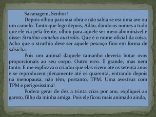 Sacanagem, Senhor!
Depois olhou para sua obra e não sabia se era uma ave ou
um camelo. Tanto que logo depois, Adão, dando os nomes a tudo
que ele via pela frente, olhou para aquele ser meio abominável e
disse: Struthio camelus australis. Que é o nome oficial da coisa.
Acho que o struthio deve ser aquele pescoço fino em forma de
salsicha.
Pois um animal daquele tamanho deveria botar ovos
proporcionais ao seu corpo. Outro erro. É grande, mas nem
tanto. E me explicava o criador que elas vivem até os setenta anos
e se reproduzem plenamente até os quarenta, entrando depois
na menopausa, não têm, portanto, TPM. Uma avestruz com
TPM é perigosíssima!
Podem gerar de dez a trinta crias por ano, expliquei ao
garoto, filho da minha amiga. Pois ele ficou mais animado ainda,
 