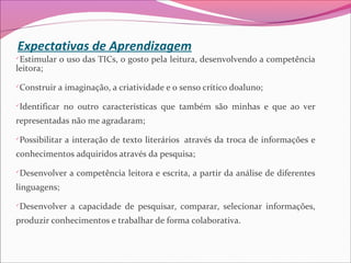 Expectativas de Aprendizagem

Estimular o uso das TICs, o gosto pela leitura, desenvolvendo a competência
leitora;

Construir a imaginação, a criatividade e o senso crítico doaluno;

Identificar no outro características que também são minhas e que ao ver
representadas não me agradaram;

Possibilitar a interação de texto literários através da troca de informações e
conhecimentos adquiridos através da pesquisa;

Desenvolver a competência leitora e escrita, a partir da análise de diferentes
linguagens;

Desenvolver a capacidade de pesquisar, comparar, selecionar informações,
produzir conhecimentos e trabalhar de forma colaborativa.
 