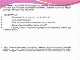  2º Passo: Baseando-se nas respostas obtidas, fazer outras perguntas
e deixar que os alunos respondam livremente ( sempre atentos ao tempo,
para que atividade não se perca):
PERGUNTAS:
 Esse animal é encontrado com facilidade?
 É um animal comum?
 Pode ser considerado um animal de estimação?
 Quais as carcterísticas desse animal?
 Alguém já pediu ou ganhou algum presente diferente como o que
o menino pediu?
 Obs: Conteúdos Conceituais, relacionados a conceitos. Deles ramificam-se os conteúdos
factuais, ou seja, os conhecimentos relacionados aos fatos, acontecimentos, dados,
nomes e códigos ( elementos buscados no levantamento do conhecimento prévio do aluno).
 