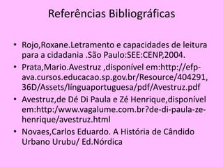 Referências Bibliográficas
• Rojo,Roxane.Letramento e capacidades de leitura
para a cidadania .São Paulo:SEE:CENP,2004.
• Prata,Mario.Avestruz ,disponível em:http://efp-
ava.cursos.educacao.sp.gov.br/Resource/404291,
36D/Assets/línguaportuguesa/pdf/Avestruz.pdf
• Avestruz,de Dé Di Paula e Zé Henrique,disponível
em:http:/www.vagalume.com.br?de-di-paula-ze-
henrique/avestruz.html
• Novaes,Carlos Eduardo. A História de Cândido
Urbano Urubu/ Ed.Nórdica
 