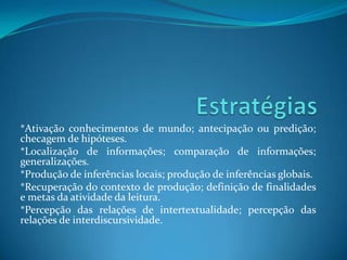 *Ativação conhecimentos de mundo; antecipação ou predição;
checagem de hipóteses.
*Localização de informações; comparação de informações;
generalizações.
*Produção de inferências locais; produção de inferências globais.
*Recuperação do contexto de produção; definição de finalidades
e metas da atividade da leitura.
*Percepção das relações de intertextualidade; percepção das
relações de interdiscursividade.
 