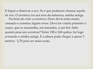 E fiquei a observar a ave. Se é que podemos chamar aquilo
de ave. O avestruz foi um erro da natureza, minha amiga.
Na hora de criar o avestruz, Deus devia estar muito
cansado e cometeu alguns erros. Deve ter criado primeiro o
corpo, que se assemelha, em tamanho, a um boi. Sabe
quanto pesa um avestruz? Entre 100 e 160 quilos, fui logo
avisando a minha amiga. E a altura pode chegar a quase 3
metros - 2,70 para ser mais exato.
 