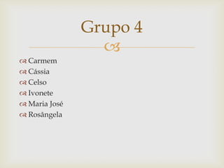 
 Carmem
 Cássia
 Celso
 Ivonete
 Maria José
 Rosângela
Grupo 4
 
