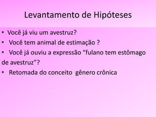 Levantamento de Hipóteses
• Você já viu um avestruz?
• Você tem animal de estimação ?
• Você já ouviu a expressão “fulano tem estômago
de avestruz”?
• Retomada do conceito gênero crônica
 