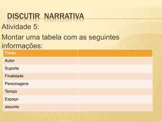DISCUTIR NARRATIVA
Atividade 5:
Montar uma tabela com as seguintes
informações:
Título
Autor
Suporte
Finalidade
Personagens
Tempo
Espaço
assunto
 