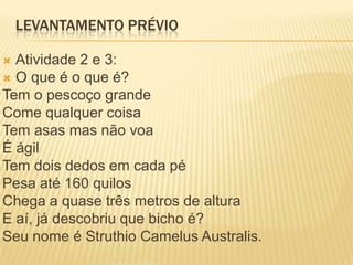 LEVANTAMENTO PRÉVIO
 Atividade 2 e 3:
 O que é o que é?
Tem o pescoço grande
Come qualquer coisa
Tem asas mas não voa
É ágil
Tem dois dedos em cada pé
Pesa até 160 quilos
Chega a quase três metros de altura
E aí, já descobriu que bicho é?
Seu nome é Struthio Camelus Australis.
 