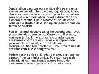Depois olhou para sua obra e não sabia se era uma
ave ou um camelo. Tanto é que, logo depois, Adão,
dando os nomes a tudo o que via pela frente, olhou
para aquele ser meio abominável e disse: Struthio
camelus australis. Que é o nome oficial da coisa.
Acho que o struthio deve ser aquele pescoço fino em
forma de salsicha. 
Pois um animal daquele tamanho deveria botar ovos
proporcionais ao seu corpo. Outro erro. É grande,
mas nem tanto. E me explicava o criador que os
avestruzes vivem até os 70 anos e se reproduzem
plenamente até os 40, entrando depois na
menopausa. Não têm, portanto, TPM. Uma fêmea de
avestruz com TPM é perigosíssima! 
Podem gerar de dez a 30 crias por ano, expliquei ao
garoto, filho da minha amiga. Pois ele ficou mais
animado ainda, imaginando aquele bando de
avestruzes correndo pela sala do apartamento.
 