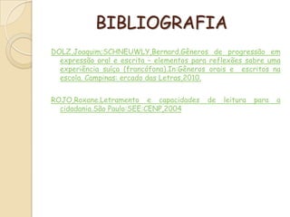 BIBLIOGRAFIA
DOLZ,Joaquim;SCHNEUWLY,Bernard.Gêneros de progressão em
expressão oral e escrita – elementos para reflexões sobre uma
experiência suíça (francófona).In:Gêneros orais e escritos na
escola. Campinas: ercado das Letras,2010.
ROJO,Roxane.Letramento e capacidades de leitura para a
cidadania.São Paulo:SEE:CENP,2004
 