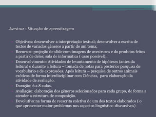 Avestruz : Situação de aprendizagem
• Objetivos: desenvolver a interpretação textual; desenvolver a escrita de
textos de variados gêneros a partir de um tema;
• Recursos: projeção de slide com imagens de avestruzes e do produtos feitos
a partir de deles; sala de informática ( caso possível);
• Desenvolvimento: Atividades de levantamento de hipóteses (antes da
leitura) e durante a leitura – tomada de notas para posterior pesquisa de
vocabulário e de expressões. Após leitura – pesquisa de outros animais
exóticos de forma interdisciplinar com Ciências, para elaboração da
atividade de avaliação.
• Duração: 6 a 8 aulas.
• Avaliação: elaboração dos gêneros selecionados para cada grupo, de forma a
atender a estrutura de composição.
• Devolutiva:na forma de reescrita coletiva de um dos textos elaborados ( o
que apresentar maior problemas nos aspectos linguístico-discursivos)
 