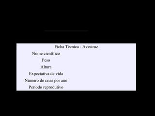 Localização de informações, comparação
de informações, generalizações
Ficha Técnica - Avestruz
Nome científico
Peso
Altura
Expectativa de vida
Número de crias por ano
Período reprodutivo
• Por que a mãe culpa o narrador pelo pedido do filho?
• Como o narrador convence o garoto a não querer a avestruz
de presente?
Ler o texto, assistir ao vídeo e preencher a seguinte ficha técnica:
 