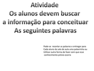 Pode-se recortar as palavras e entregar para
Cada aluno da sala de aula uma palavrinha ou
Utilizar outra forma de fazer com que esse
conhecimento prévio ocorra
 