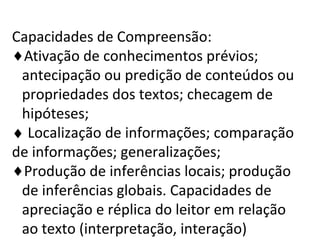 Capacidades de Compreensão:
♦Ativação de conhecimentos prévios;
antecipação ou predição de conteúdos ou
propriedades dos textos; checagem de
hipóteses;
♦ Localização de informações; comparação
de informações; generalizações;
♦Produção de inferências locais; produção
de inferências globais. Capacidades de
apreciação e réplica do leitor em relação
ao texto (interpretação, interação)
 