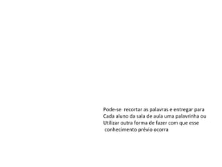 Atividade
Os alunos devem buscar
a informação para conceituar
As seguintes palavras
Pode-se recortar as palavras e entregar para
Cada aluno da sala de aula uma palavrinha ou
Utilizar outra forma de fazer com que esse
conhecimento prévio ocorra
 