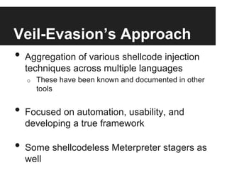 Veil-Evasion’s Approach
•  Aggregation of various shellcode injection
techniques across multiple languages
o 

These have been known and documented in other
tools

•  Focused on automation, usability, and
developing a true framework

•  Some shellcodeless Meterpreter stagers as
well

 