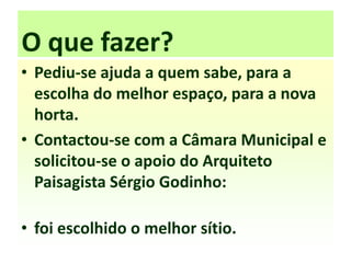 O que fazer?
• Pediu-se ajuda a quem sabe, para a
escolha do melhor espaço, para a nova
horta.
• Contactou-se com a Câmara Municipal e
solicitou-se o apoio do Arquiteto
Paisagista Sérgio Godinho:
• foi escolhido o melhor sítio.
 