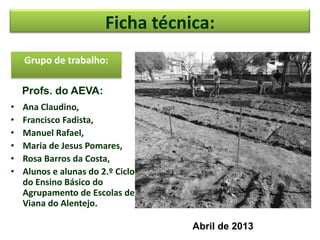 Ficha técnica:
• Ana Claudino,
• Francisco Fadista,
• Manuel Rafael,
• Maria de Jesus Pomares,
• Rosa Barros da Costa,
• Alunos e alunas do 2.º Ciclo
do Ensino Básico do
Agrupamento de Escolas de
Viana do Alentejo.
Grupo de trabalho:
Profs. do AEVA:
Abril de 2013
 