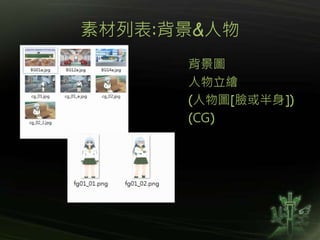 素材列表:背景&人物
背景圖
人物立繪
(人物圖[臉或半身])
(CG)
 