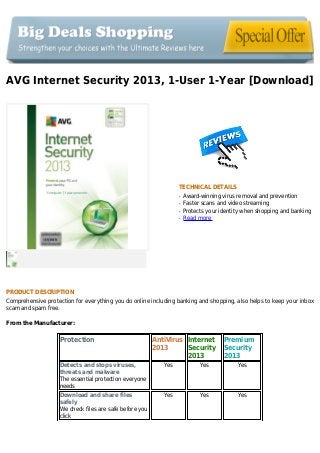 AVG Internet Security 2013, 1-User 1-Year [Download]
TECHNICAL DETAILS
Award-winning virus removal and preventionq
Faster scans and video streamingq
Protects your identity when shopping and bankingq
Read moreq
PRODUCT DESCRIPTION
Comprehensive protection for everything you do online including banking and shopping, also helps to keep your inbox
scam and spam free.
From the Manufacturer:
Protection AntiVirus
2013
Internet
Security
2013
Premium
Security
2013
Detects and stops viruses,
threats and malware
The essential protection everyone
needs
Yes Yes Yes
Download and share files
safely
We check files are safe before you
click
Yes Yes Yes
 