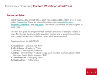 AVG News Channel | Content Workflow: WordPress
Summary of Roles:
WordPress has pre-defined Roles. Each Role is allowed to perform a set of tasks
called Capabilities. There are many Capabilities including publish_posts,
moderate_comments, and edit_users. The default Capabilities are pre-assigned to
each Role.
The tool that gives the blog owner this control is the ability to assign a Role to a
user. To minimize the amount of moderation needed and to streamline workflow
and created defined responsibilities, here’s what we recommend.
Suggested roles for AVG TEAM:
1. Subscriber – External, non-AVG
2. Contributor – Freelance Writer
3. Author – Online Writer, Producer
4. Editor – Online Writer, Producer, Legal team member, marketing team, SEO
Manager, Social Media Manager, SME
5. Administrator – Managing Editor
6. Super Admin – IT, Developer
 