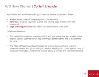 151515
AVG News Channel | Content Lifecycle
For content with a short life span, you’ll need an internal schedule to review:
• Analytics data - to evaluate engagement (by segment)
• SEO data - (highest keywords overall, and landing page entrance and exit
keywords)
• Tags and categories audit - to add to your taxonomy or scale back
Other considerations:
• The ownership meta data, success criteria and time stamp that was applied to the
original content submission will help to manage content at the end of the content
life cycle.
• The “Retire Phase” or Archival process will provide the opportunity to prune
irrelevant content through archiving or deletion, keeping the content system clear of
irrelevant information, streamlining visitors’ ability to browse and search for content.
 