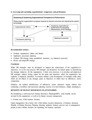 6. Assessing and sustaining organizational competence and performance
Recommended actions:-
 Evaluate organization culture and climate
 Implement succession planning
 Evaluate HR strategy using quantifiable measures, e.g. balanced scorecard
 Revise and adapt HR strategy
Conclusion
While HR strategies must be developed to support the achievement of the organization’s
objectives, it is a two-way process. HR strategies can themselves be critical inputs in determining
the strategic initiatives for the organization. A fatal error, however, is to develop and implement
HR strategies without having regard for the goals and objectives which the organization has
explicitly or implicitly identified. A common mistake is the development of workplace skills plans
which are not linked to any strategic goals or objectives or which have no affirmative action
components.
Similarly, the isolated identification of affirmative action numerical targets without first
conducting a workforce and succession planning exercise is in most instances, simply meaningless.
BENEFITS OF HUMAN RESOURCES PLANNING(HRP)
By formulating a well-conceived Human Resources Planning(HRP), some benefits can be
accrued by the organization as well as by human resource management.
1. A better view of the business decision
Upper management has a better view of the human resource dimensions of business decisions.
Benefits of Human Resource Planning directing optimum business process view to management
people to take a further decision for expanding the business operation.
 