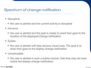 15AVI’14: AwToolkit Slide of 20
Spectrum of change notification
• Disruptive:
• the user is alerted and the current activi...