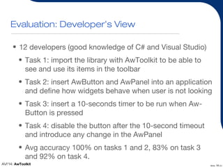 24AVI’14: AwToolkit Slide of 20
Evaluation: Developer’s View
• 12 developers (good knowledge of C# and Visual Studio)
• Ta...