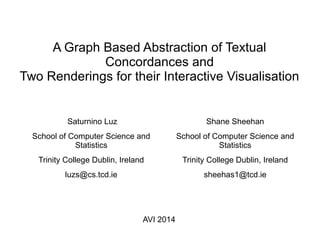 A Graph Based Abstraction of Textual
Concordances and
Two Renderings for their Interactive Visualisation
Saturnino Luz
School of Computer Science and
Statistics
Trinity College Dublin, Ireland
luzs@cs.tcd.ie
Shane Sheehan
School of Computer Science and
Statistics
Trinity College Dublin, Ireland
sheehas1@tcd.ie
AVI 2014
 