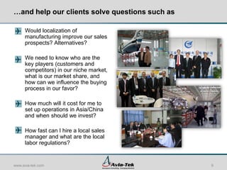 M&A Advisory Services

Preparation






Marketing

Transaction

Contact prospective buyers or targets
Coaching for conference calls and visits
Detailed activity reports
Follow-up in a professional, staged manner

www.avia-tek.com

Aerospace Consulting – Emerging Markets

9

 