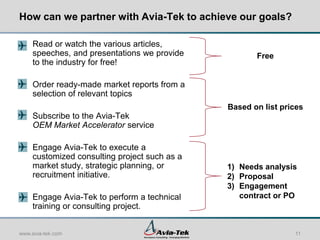 How can we partner with Avia-Tek to achieve our goals?

    Read or watch the various articles,
    speeches, and presentations we provide           Free
    to the industry for free!

    Order ready-made market reports from a
    selection of relevant topics
                                              Based on list prices
    Subscribe to the Avia-Tek
    OEM Market Accelerator service

    Engage Avia-Tek to execute a
    customized consulting project such as a
    market study, strategic planning, or      1) Needs analysis
    recruitment initiative.                   2) Proposal
                                              3) Engagement
    Engage Avia-Tek to perform a technical       contract or PO
    training or consulting project.


www.avia-tek.com                                               11
 