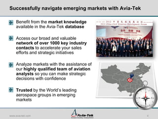 Successfully navigate emerging markets with Avia-Tek

    Benefit from the market knowledge
    available in the Avia-Tek database

    Access our broad and valuable
    network of over 1000 key industry
    contacts to accelerate your sales
    efforts and strategic initiatives

    Analyze markets with the assistance of
    our highly qualified team of aviation
    analysts so you can make strategic
    decisions with confidence

    Trusted by the World’s leading                     N
    aerospace groups in emerging
                                                   W           E
    markets
                                                       S




www.avia-tek.com                                           4
 