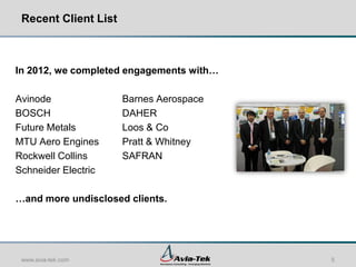 Recent Client List



In 2012, we completed engagements with…

Avinode               Barnes Aerospace
BOSCH                 DAHER
Future Metals         Loos & Co
MTU Aero Engines      Pratt & Whitney
Rockwell Collins      SAFRAN
Schneider Electric

…and more undisclosed clients.




 www.avia-tek.com                         5
 