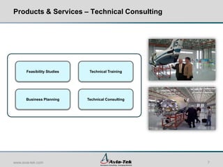 Products & Services – Technical Consulting




      Feasibility Studies    Technical Training




      Business Planning     Technical Consulting




www.avia-tek.com                                   7
 