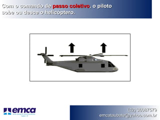 Com o comando de passo coletivo, o piloto
sobe ou desce o helicóptero.




                                                (12) 36087579
                                    emcataubate@yahoo.com.br
 