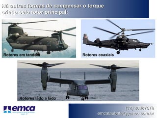 Há outras formas de compensar o torque
criado pelo rotor principal:




Rotores em tandem            Rotores coaxiais




       Rotores lado a lado

                                                (12) 36087579
                                    emcataubate@yahoo.com.br
 