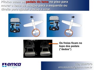 Pilotos usam os pedais do leme no piso para
mover o leme de direção para a esquerda ou
direita para ajudar o avião a virar.




                                     Os freios ficam no
                                     topo dos pedais
                                     (“dedos”)




                                                (12) 36087579
                                    emcataubate@yahoo.com.br
 