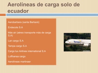 Aerolíneas de carga solo de
ecuador
Aerobarbara (santa Barbará)

Endecots S.A

Más air (aéreo transporte más de carga
S.A)

Lan cargo S.A

Tampa cargo S.A

Cargo lux Airlines international S.A

Lufthansa cargo

Aerolíneas martinaer
 