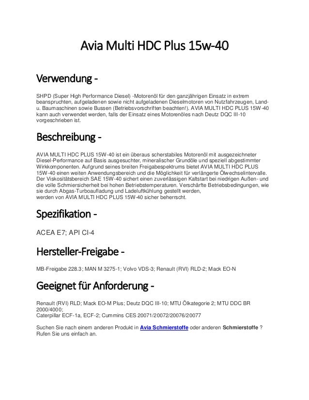 Avia Multi Hdc Plus 15w Schmierstoffe Dm De