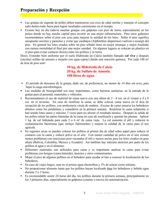 Avian Farms Pollo Engorde – WB05995
Preparación y Recepción
• Las granjas de engorde de pollos deben mantenerse con aves de edad similar y manejar el concepto
todo dentro-todo fuera para lograr resultados consistentes en el tiempo.
• Existen hoy en día todavia muchas granjas con galpones con piso de tierra, especialmente en los
países donde no hay mucho capital para invertir en una mejor infrastructura. Para estos galpones
recomendamos sellar el piso con yeso para mejorar la sanidad de los lotes. Sellar el piso significa
encapsular oocistos y parasitos y evitar que carabajos (Alphitobius diaperinus) vuelven a resurgir del
piso. En general los lotes criados sobre un piso sellado tiene un mejor arranque y mejor resultado
con menos mortalidad al final por una mejor sanidad. En algunos lugares se colocan un plastico en
el piso para evitar contacto directo entre los pollitos y la tierra.
Dosis: Extender bien uniforme por el suelo Hidróxido de Calcio también llamado cal viva y después
(encima) sulfato de amonio y mojarlo con agua (spray) dando una reacción química. Por cada 100 m²
de área de piso usar:
10 kg. de Hidróxido de Calcio
20 kg. de Sulfato de Amonio.
100 litros de agua.
• El período de descanso de la granja, dede ser, de preferencia, no menor de 14 días sin aves, para
bajar la carga microbiológica.
• Las medidas de bioseguridad son muy importantes, como barreras sanitarias, en la entrada de la
granja para el personal, materiales y vehículos.
• Recomendamos el uso de material de cama nueva con una altura de 2 - 4 cm. en el verano y 4 a 8
cm. en el invierno. En caso de reutilizar la cama, se debe colocar cama nueva en el área de
recepción de los pollitos, con preferencia viruta de madera. Exceso de cama ensucia los bebederos
abiertos como los pendulares y comederos en la primera semana. Reutilizar la cama solamente si
han tenido lotes sanos y máximo 3 veces para no afectar el resultado técnico. Después la salida de
los pollos retirar las partes húmedas de la cama en caso de reutilizarla y quemar las plumas. Aplicar
1 kg. de cal hidratada para cada 5 a 6 m² de cama vieja. La cal aumenta el pH y reducirá la
contaminación bacteriana (que incluye Salmonelas) y mejora la calidad de la cama para el uso
agrícola.
• En regiones secas se pueden colocar los pollitos al primer día de edad sobre papel para reducir el
contacto con la cama y reducir polvo en el aire. Con menor cantidad de polvo en el aire existen
menos problemas con reacciones post vacunales (Coli) y menos ascitis para los lotes criados en gran
altura (Bolivia, Colombia, Mexico y Ecuador). Así también hay máxima atención por parte de los
pollitos al agua y en el alimento.
• Diferentes materiales son utilizados para cama y es importante analizar la cama para evitar
problemas con hongos (cama húmeda), insectos y otros contaminantes.
• Mojar el pico de algunos pollitos en el bebedero para ayudar al lote a conocer la localización de los
bebederos.
• En caso de viajes largos, usar en el primer agua electrolitos y 2% de azúcar como mínimo.
• No proporcionar alimento hasta que los pollitos hayan localizado bien los bebederos y bebido agua
durante 2 o 3 horas.
• Es recomendable asistir 24 horas del día, los pollitos durante la primera semana, principalmente en
los 3 primeros días, especialmente en galpones (casetas o naves) sin automatización.
 