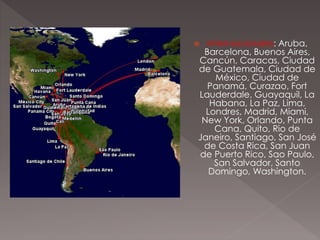  Internacionales: Aruba,
Barcelona, Buenos Aires,
Cancún, Caracas, Ciudad
de Guatemala, Ciudad de
México, Ciudad de
Panamá, Curazao, Fort
Lauderdale, Guayaquil, La
Habana, La Paz, Lima,
Londres, Madrid, Miami,
New York, Orlando, Punta
Cana, Quito, Rio de
Janeiro, Santiago, San José
de Costa Rica, San Juan
de Puerto Rico, Sao Paulo,
San Salvador, Santo
Domingo, Washington.
 
