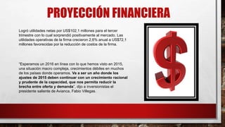 PROYECCIÓN FINANCIERA
Logró utilidades netas por US$102,1 millones para el tercer
trimestre con lo cual sorprendió positivamente al mercado. Las
utilidades operativas de la firma crecieron 2,6% anual a US$72,1
millones favorecidas por la reducción de costos de la firma.
“Esperamos un 2016 en línea con lo que hemos visto en 2015,
una situación macro compleja, crecimientos débiles en muchos
de los países donde operamos. Va a ser un año donde los
ajustes de 2015 deben continuar con un crecimiento racional
y prudente de la capacidad, que nos permita reducir la
brecha entre oferta y demanda”, dijo a inversionistas el
presidente saliente de Avianca, Fabio Villegas.
 